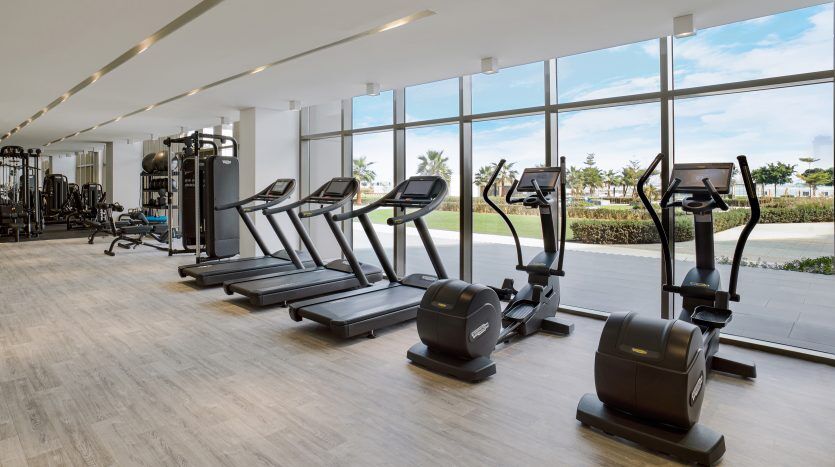 Salle de sport moderne dans un appartement de Dubaï comprenant des tapis roulants et des machines elliptiques faisant face à de grandes fenêtres avec vue sur la verdure extérieure, dans un intérieur lumineux et bien éclairé.