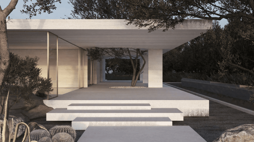 Pavillon minimaliste moderne avec de grandes marches en béton, entouré d'une végétation indigène comprenant des cactus et des arbres, dans un cadre naturel tranquille, parfait pour un investissement à Dubaï.