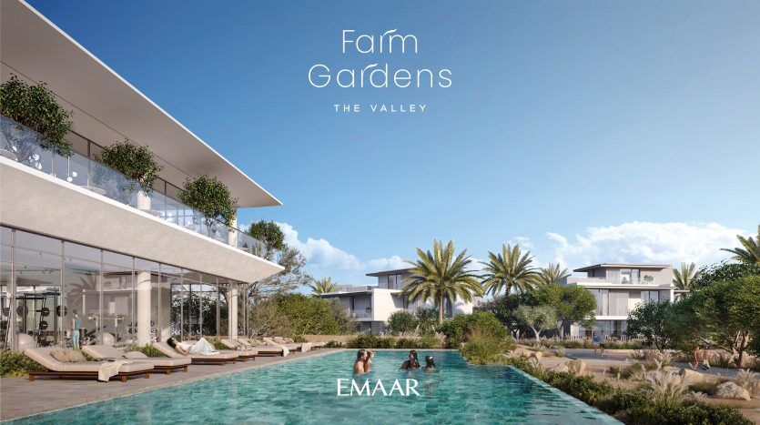 Rendu architectural d'un quartier résidentiel luxueux appelé "Farm Gardens - The Valley" par Emaar à Dubaï, comprenant des maisons modernes entourant une piscine avec des résidents se prélassant.