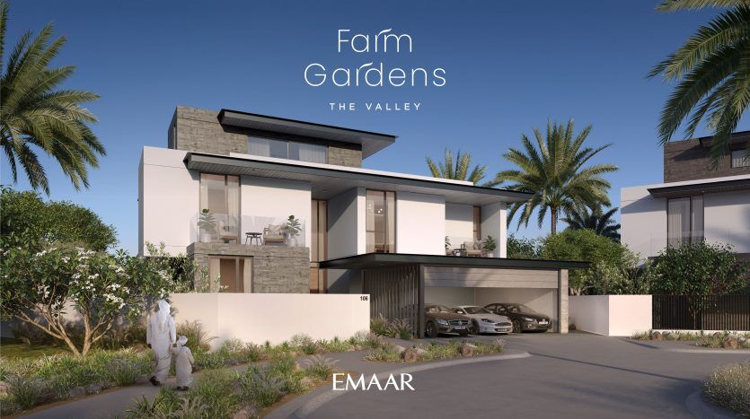 Luxueuse villa moderne à Dubaï avec toits plats et grandes fenêtres, située dans un espace paysager planté de palmiers, sous un ciel dégagé. Texte promotionnel « jardins de ferme de la vallée d'Emaar » affiché