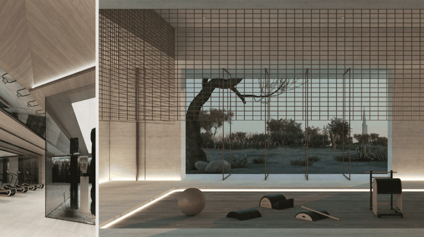 Une salle de sport moderne au design élégant comprend un espace ouvert rempli d'équipements d'exercice, un grand mur en miroir d'un côté et une vaste fenêtre offrant une vue extérieure sereine sur la végétation indigène typique de la villa Dubaï.
