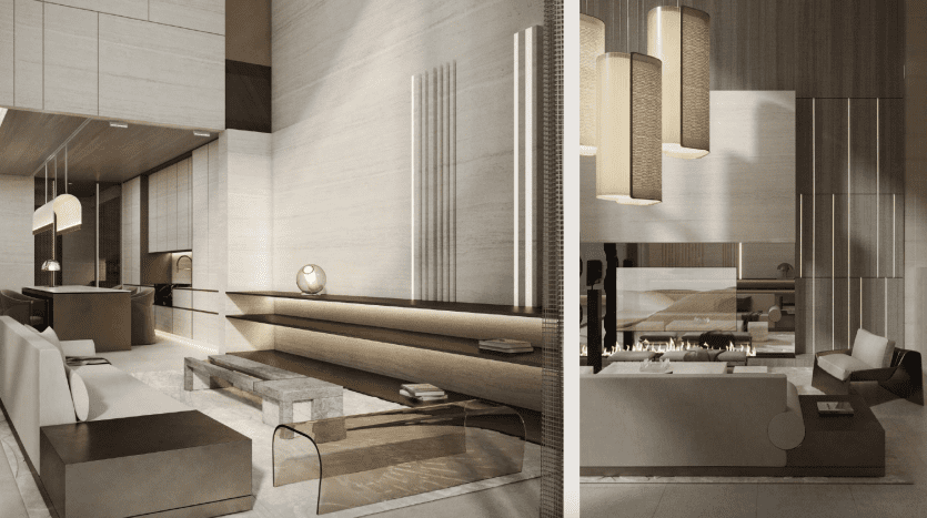 Villa moderne de luxe à Dubaï comprenant un salon et une salle à manger au design minimaliste élégant, des tons neutres, de grandes fenêtres et un mobilier contemporain, dont une cheminée.
