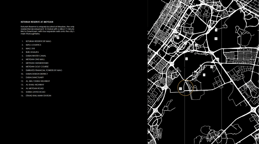 Une carte en noir et blanc mettant en évidence la configuration de Dubaï avec les routes principales, les monuments et les quartiers soulignés par des points et des lignes blanches légèrement plus grandes.