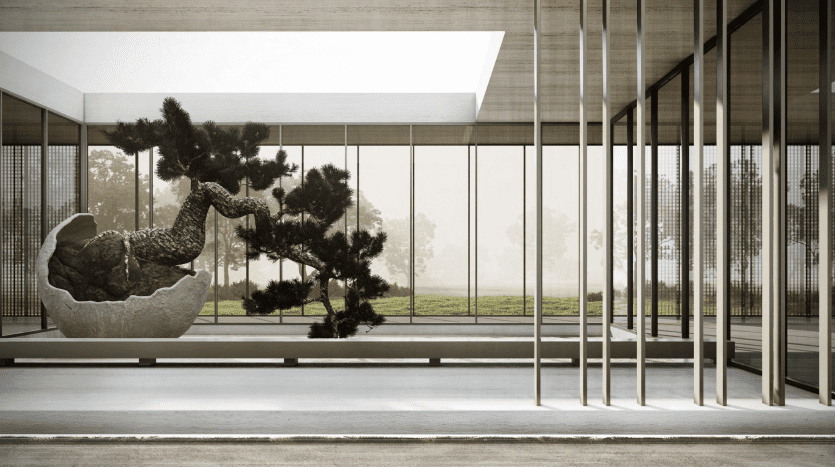 Un grand bonsaï dans un pot fragmenté est exposé au centre d’une pièce minimaliste et moderne aux parois de verre avec de minces supports verticaux, surplombant le paysage verdoyant et brumeux de la villa Dubaï.