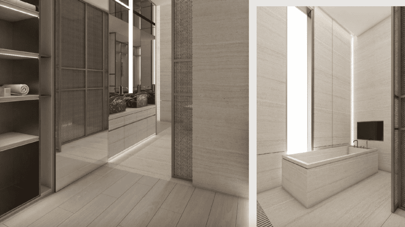 Une salle de bains moderne dans un appartement à Dubaï comprenant une baignoire intégrée adjacente à une grande fenêtre, avec un dressing présentant de nombreuses étagères pour les serviettes et les accessoires, le tout dans des tons beiges.