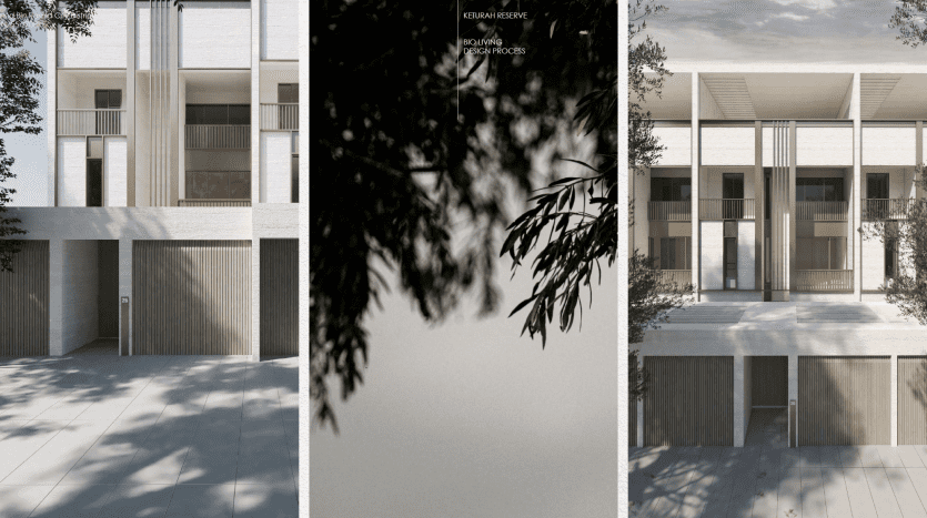 Trois rendus architecturaux d'une villa moderne à Dubaï avec des persiennes verticales, de grandes portes vitrées et une entrée sereine ombragée par des branches d'arbres feuillus.