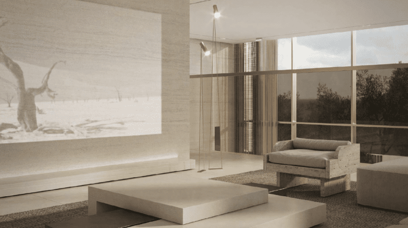 Un salon moderne et minimaliste avec une grande fresque murale représentant des oiseaux en vol, des meubles discrets et de grandes fenêtres en verre donnant sur une vue extérieure de Dubaï. Un éclairage doux et des tons neutres dominent l'espace.