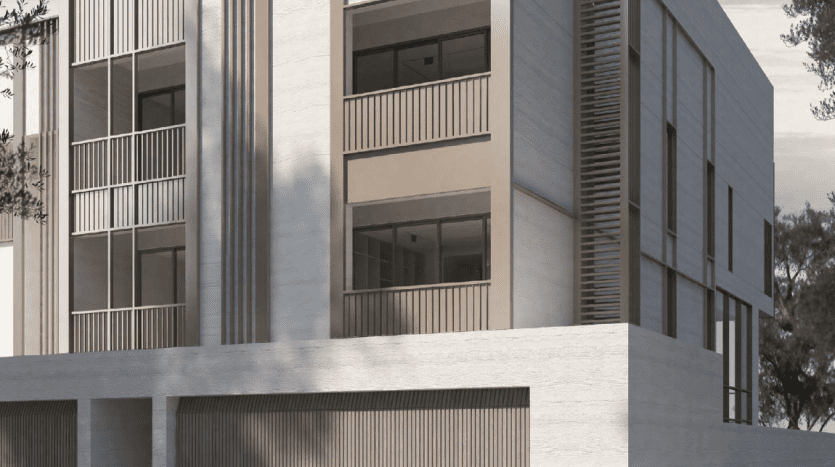 Villa moderne de trois étages à Dubaï avec un design minimaliste avec des lignes épurées, de grandes fenêtres et des lattes de bois verticales, sur fond d'arbres.