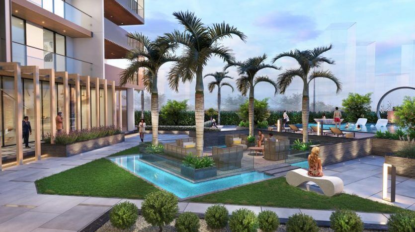 Un luxueux jardin sur le toit d'un appartement de Dubaï, avec des palmiers, des coins salons modernes, des piscines et des gens socialisant dans un cadre urbain serein et ensoleillé.