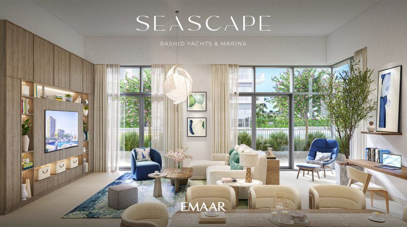 Un luxueux salon sur le thème de la marina dans un appartement de Dubaï avec un décor végétal luxuriant, un mobilier moderne en bleu et blanc et de grandes fenêtres offrant une vue sur la mer. La pièce présente d'élégantes boiseries et