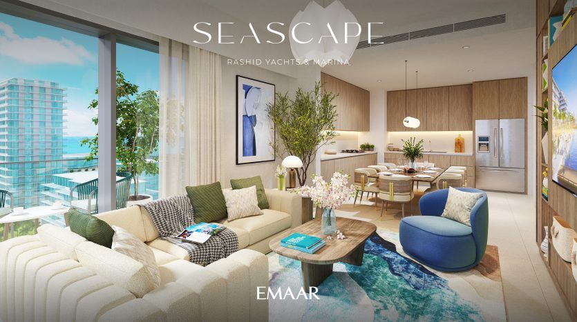 Salon luxueux dans un appartement de grande hauteur à Dubaï avec une décoration moderne, comprenant un coin salon confortable, un espace salle à manger et de grandes fenêtres donnant sur une marina.