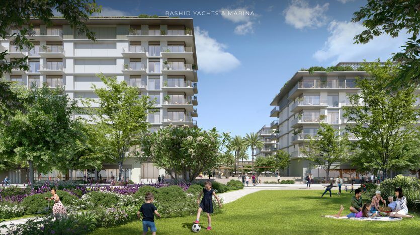 Image promotionnelle du « paysage marin » de Rashid Yachts & Marina by Emaar, mettant en vedette des immeubles d'appartements modernes entourés d'une verdure luxuriante, avec des gens profitant d'une journée ensoleillée dans un environnement animé.