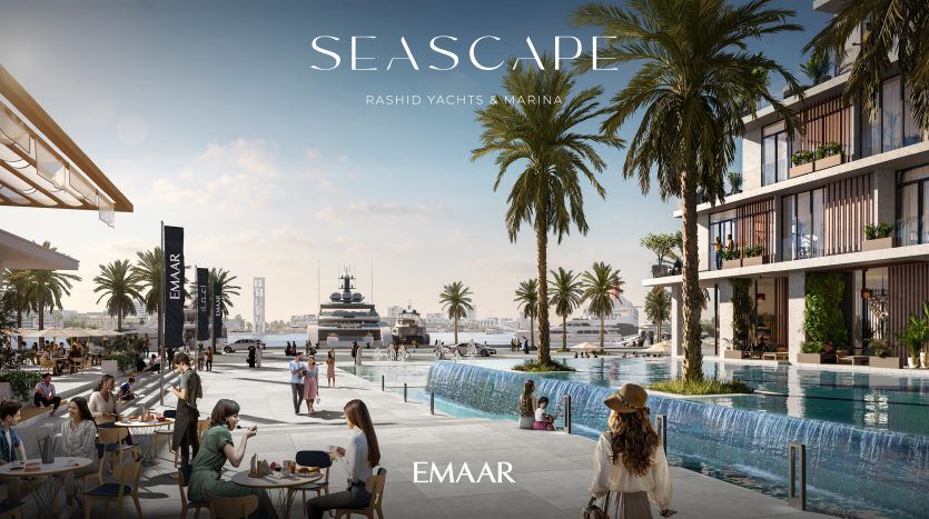 Une marina luxueuse, paysage marin à Dubaï, présentant une architecture moderne avec des gens qui dînent et se détendent au bord d'une piscine au bord de l'eau, surplombant les yachts et la mer.