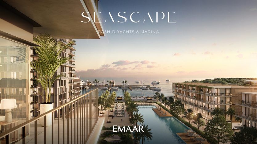 Image promotionnelle pour le paysage marin d'emaar, mettant en vedette une marina de luxe et des yachts. La vue depuis le balcon d'un appartement montre un complexe avec piscines et des bâtiments modernes sous un ciel coucher de soleil.