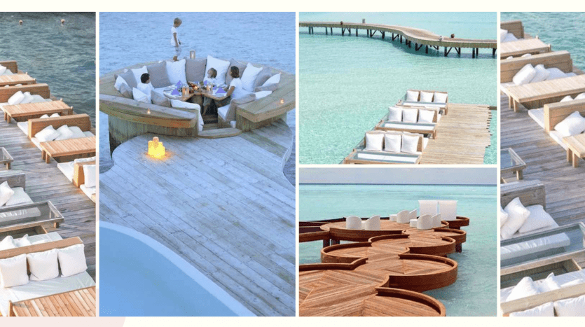 Quatre images de sièges de luxe en bord de mer à Dubaï : l'une montre des sièges circulaires dans l'eau, une autre une table à manger à l'intérieur d'une petite piscine et deux des chaises longues en bord de mer sur des terrasses en bois.