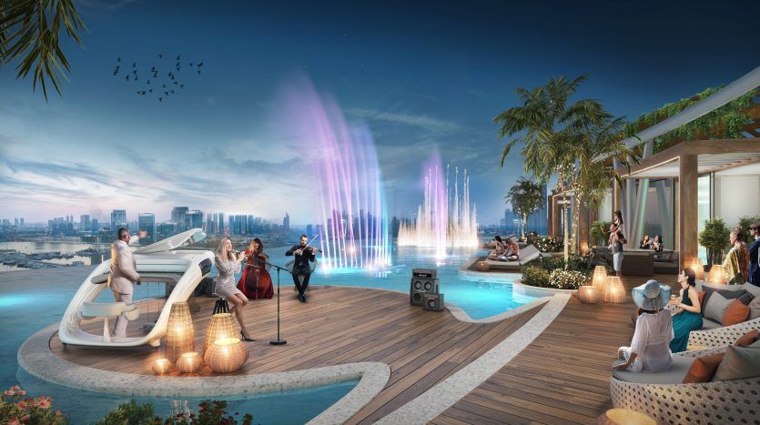 Piscine luxueuse sur le toit à Dubaï avec des gens profitant d'une fête au coucher du soleil. Les caractéristiques comprennent des chaises longues, des fontaines vibrantes, des musiciens live, un DJ et une superbe silhouette de la ville en arrière-plan.