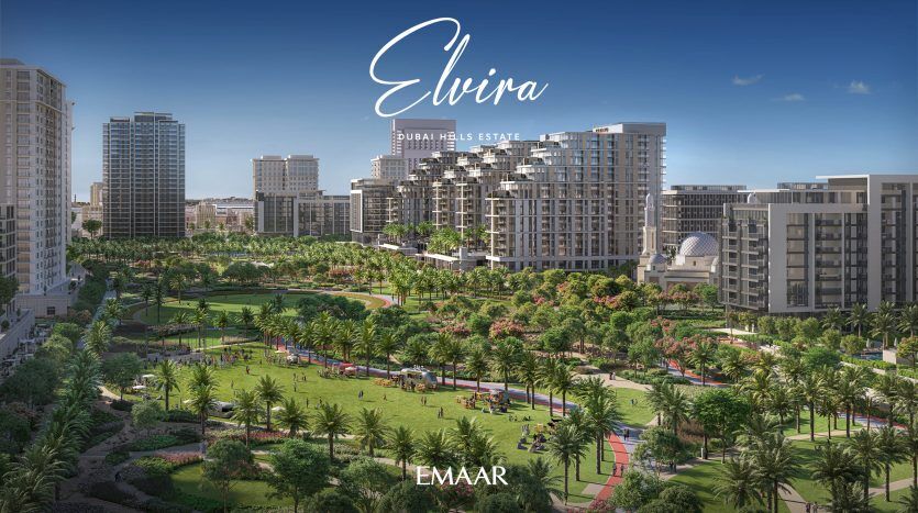 Une image promotionnelle pour "Elvira, Dubai Hills Estate" par Emaar présentant une vue aérienne d'un parc paysager luxuriant entouré de villas modernes sous un ciel dégagé.