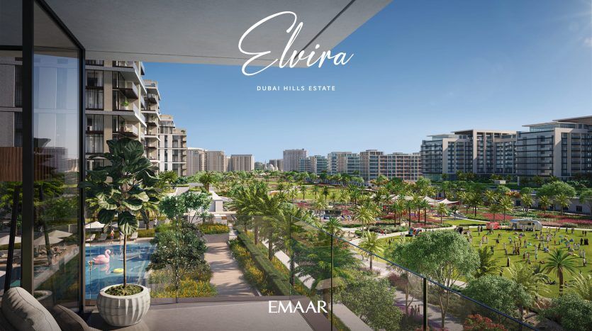 Une vue vibrante depuis un balcon présentant un domaine résidentiel luxuriant avec une verdure abondante, des immeubles d'appartements modernes et un parc animé, labellisé « Elvira, Dubai Hills Estate » par Emaar.