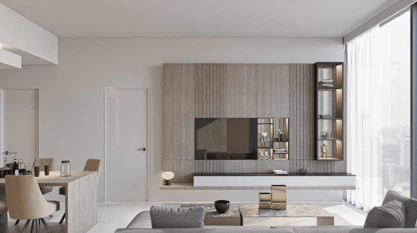 Salon moderne dans un appartement de Dubaï au design élégant et minimaliste avec des tons neutres, de grandes fenêtres avec vue sur la ville, des armoires intégrées et un mobilier élégant.