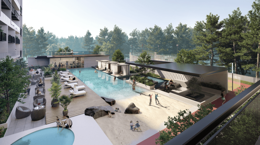 Une piscine luxueuse sur le toit avec des chaises longues, des arbres et des espaces de détente dans un complexe d'appartements de Dubaï, flanqué de bâtiments contemporains, par une journée ensoleillée. Les gens se détendent et profitent de l’atmosphère sereine