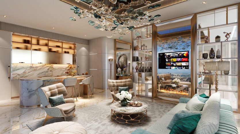 Villa luxueuse à Dubaï avec un lustre orné, des sièges moelleux, une cheminée moderne, des étagères et une décoration élégante. Les sols en marbre et les détails architecturaux raffinés rehaussent l'ambiance opulente.