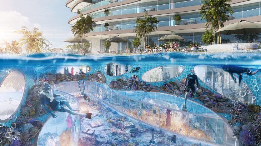 Une image futuriste en vue partagée montrant une scène aérienne et sous-marine. La moitié supérieure présente une villa incurvée moderne à Dubaï avec des terrasses donnant sur une piscine. La moitié inférieure révèle un récif de corail aux couleurs vives et animé