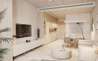 Salon moderne et cuisine ouverte avec des tons neutres, un mobilier contemporain, une télévision, un coin repas et un luminaire suspendu, avec des éléments de décoration élégants et des accents en bois dans une villa de Dubaï.