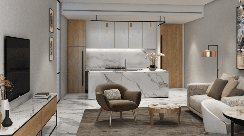 Un salon moderne avec un sol en marbre, doté d'un élégant canapé, de fauteuils et d'une table basse centrale. La pièce comprend un coin cuisine avec un îlot en marbre et est décorée de plantes et