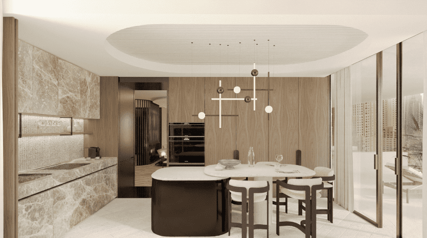 Aménagement d'un appartement moderne avec un plafond incurvé, des armoires en bois et un îlot central. La pièce dispose d'un coin repas avec une table ronde, des chaises et des suspensions minimalistes. Finitions en pierre