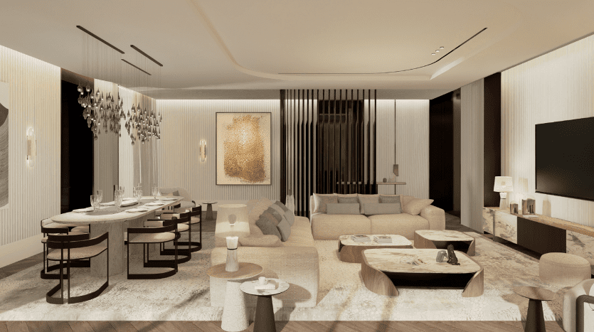 Un luxueux salon moderne à Dubaï comprenant un coin repas avec une longue table, un coin salon avec des canapés moelleux, des œuvres d'art contemporaines aux murs, un éclairage élégant et une grande télévision.
