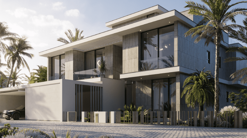 Une maison moderne à deux étages avec de grandes fenêtres vitrées, entourée de palmiers sous un ciel clair à Dubaï, avec une voiture élégante garée dans l'allée.