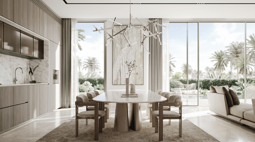 Salle à manger moderne et spacieuse avec une grande table en bois, des chaises moelleuses et un lustre unique. De grandes fenêtres en verre offrent une vue sur un jardin luxuriant, rehaussant l'intérieur luxueux de lumière naturelle - un