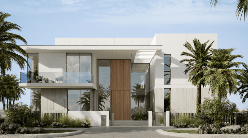 Villa moderne de deux étages à Dubaï avec un toit plat, de grandes fenêtres et une porte en bois proéminente, entourée de grands palmiers et de jardins paysagers sous un ciel dégagé.