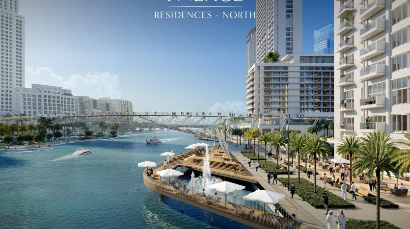 Représentation artistique d'un complexe luxueux en bord de mer portant le label "Villa Dubai - North", comprenant un pont piétonnier, des immeubles de grande hauteur, des bateaux sur la rivière et une foule animée profitant du soleil.