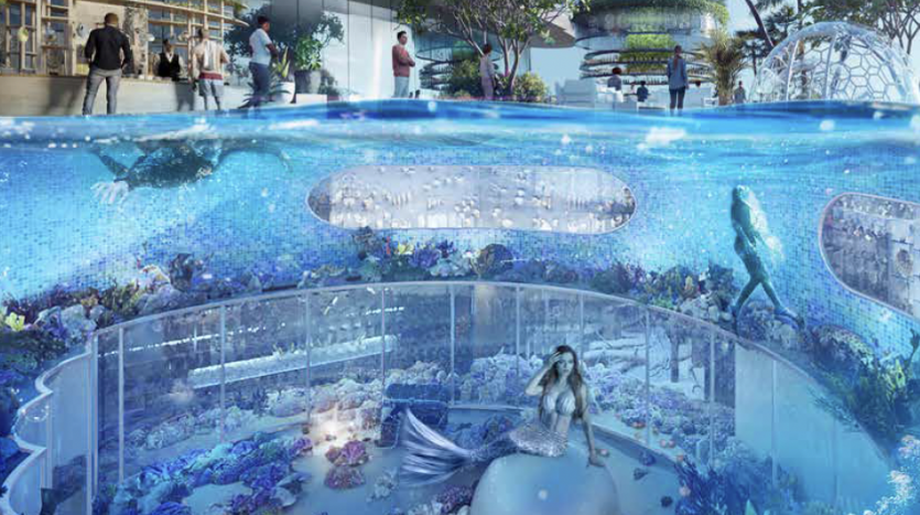 Une représentation artistique d'un observatoire sous-marin avec des personnes observant la vie marine, notamment une sirène, des récifs coralliens et des poissons, situé sous une place moderne à Dubaï et accueillant des visiteurs.