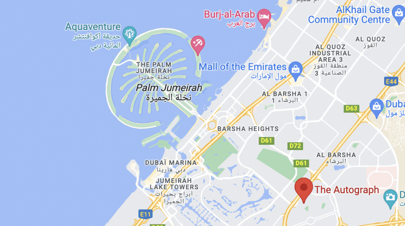 Vue cartographique de Dubaï, axée sur Palm Jumeirah et ses environs, mettant en évidence des sites remarquables tels que Burj Al Arab, la marina de Dubaï et la Villa Dubaï.