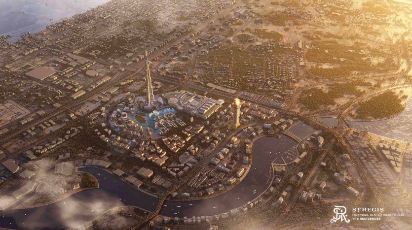 Vue aérienne d'un paysage urbain futuriste de Dubaï au coucher du soleil, avec un gratte-ciel en forme d'aiguille et une rivière courbée, entourée de routes et de petits bâtiments.