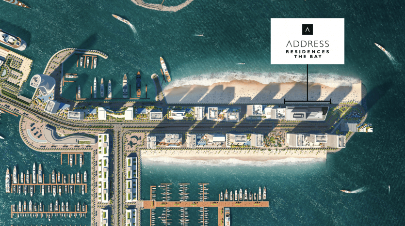 Luftaufnahme einer luxuriösen Anlage am Meer namens "Adresse an der Bucht" mit Jachthäfen, Booten und von Wasser umgebenen Landschaftsbereichen, in der exklusive Villen in Dubai angeboten werden.