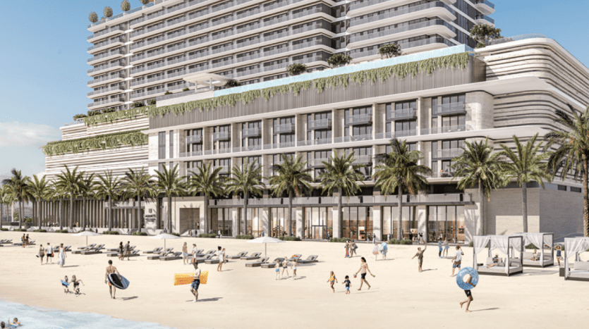 Künstlerisches Rendering eines modernen Strandhotels in Dubai mit geschwungenen Balkonen, üppigem Grün und Menschen, die den Sandstrand mit Palmen genießen.