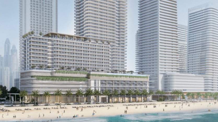 Eine künstlerische Wiedergabe einer modernen Entwicklung am Meer in Dubai mit mehreren Hochhäusern und einem belebten Sandstrand voller Menschen, die die Sonne genießen.