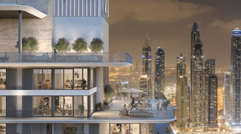 Ein konzeptionelles Rendering eines modernen Wolkenkratzers in Dubai mit mehreren sichtbaren Stockwerken, bei dem die Innenbeleuchtung und die an verschiedenen Aktivitäten teilnehmenden Personen vor dem Hintergrund der nachts belebten Dächer der Stadt hervorgehoben werden.