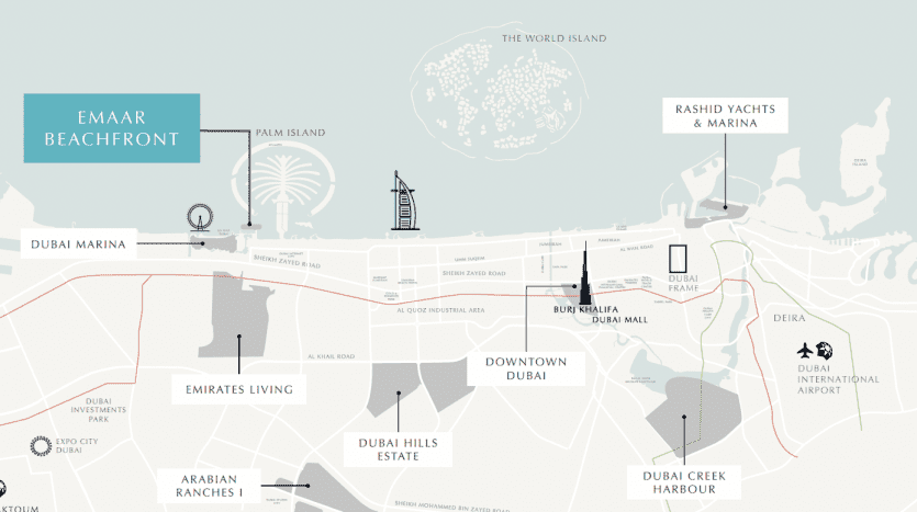 Karte von Dubai mit Hervorhebung der wichtigsten Sehenswürdigkeiten und Gebiete wie Dubai Marina, Downtown Dubai mit dem Burj Khalifa und anderen Schlüsselorten wie der Villa Dubai, alle in sanften Farben mit Icons stilisiert.