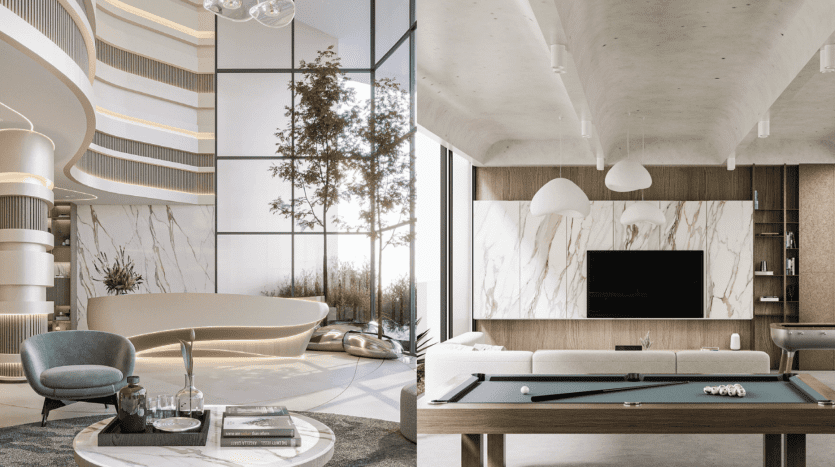 Deux intérieurs modernes : à gauche, un luxueux espace de vie circulaire dans une villa de Dubaï avec des meubles et des lustres épurés ; à droite, une pièce minimaliste avec table de billard et accents de bois.