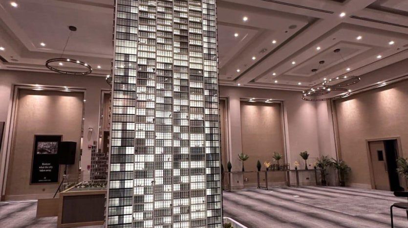 Une maquette détaillée d'un grand gratte-ciel moderne exposée dans une pièce, avec des fenêtres éclairées et un paysage miniature environnant. Le décor comprend un plafond réfléchissant et des sols en moquette moelleuse, représentant une villa haut de gamme.
