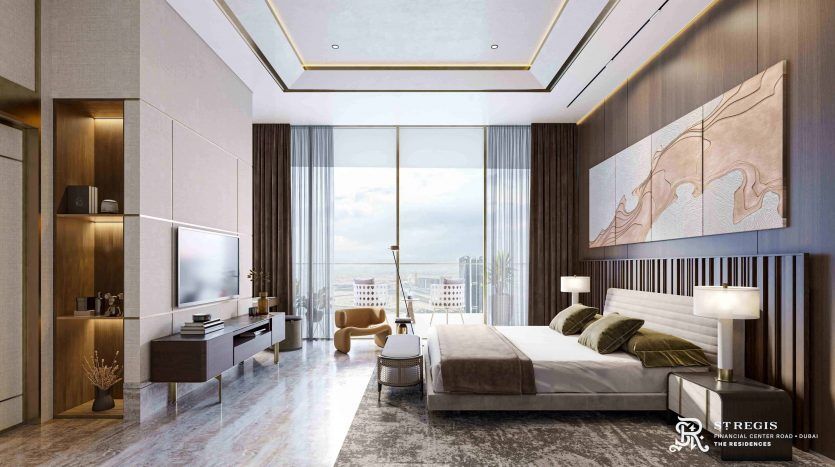 Intérieur de chambre luxueux dans une villa de Dubaï avec un grand lit, des détails au plafond, des œuvres d'art élégantes et une vue panoramique à travers des baies vitrées, mettant en valeur un design moderne et sophistiqué.