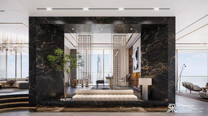 Lobby d'hôtel luxueux avec des murs en marbre noir aux veines dorées, un mobilier moderne et élégant et une vue sur un coin salon confortable avec un paysage urbain de Dubaï à l'extérieur des grandes fenêtres.