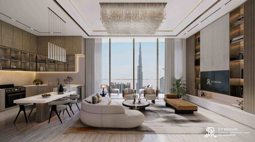 Intérieur d'appartement luxueux et moderne présentant un salon spacieux avec des meubles élégants, un coin cuisine élégant et des baies vitrées avec vue sur la ville. La décoration comprend un grand lustre et des touches de bois.