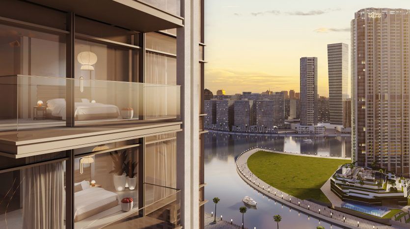 Vue depuis un immeuble d'appartements de grande hauteur au coucher du soleil à Dubaï, présentant des pièces intérieures dotées d'un mobilier moderne, surplombant un paysage urbain avec des tours et un bord de rivière incurvé.