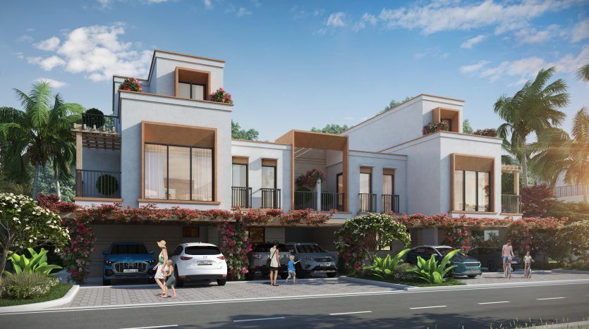 Un complexe résidentiel moderne comprenant des maisons à deux étages avec des toits plats, de grandes fenêtres et des terrasses ornées de plantes. Les personnes et les véhicules sont présents au premier plan ensoleillé, soulignant son attrait en tant que principal immobil