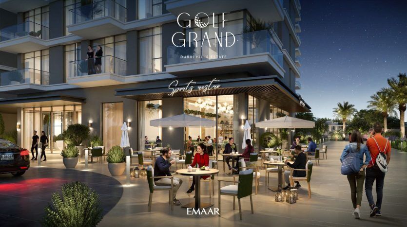 Une scène de soirée dans un luxueux restaurant en plein air à Dubaï, avec des clients dînant sous des guirlandes lumineuses. L'illustration présente également un appartement à plusieurs étages avec des balcons donnant sur le quartier et un panneau « golf grand »